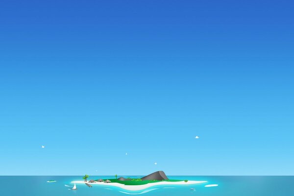 Drawing of an island in the ocean and a blue sky with birds