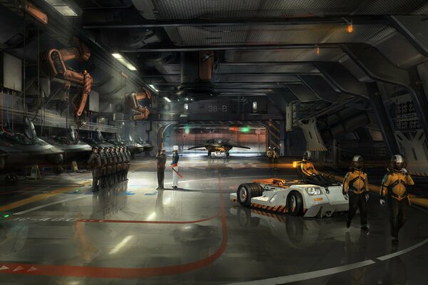 Soldiers in the hangar for aircraft and equipment