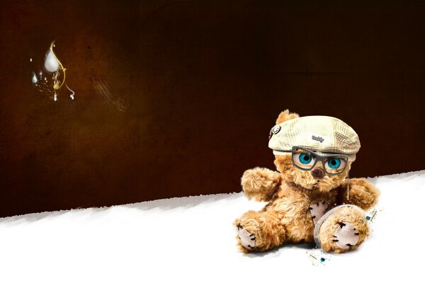 Teddy bear in a white cap and glasses