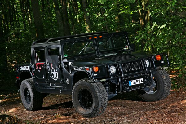 Dans la forêt chevauche une belle voiture noire