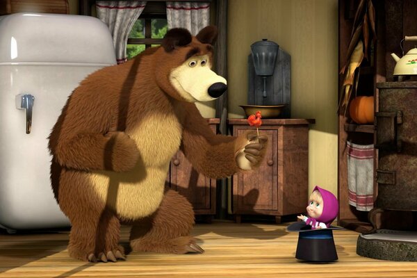 Bear gives Masha a red lollipop