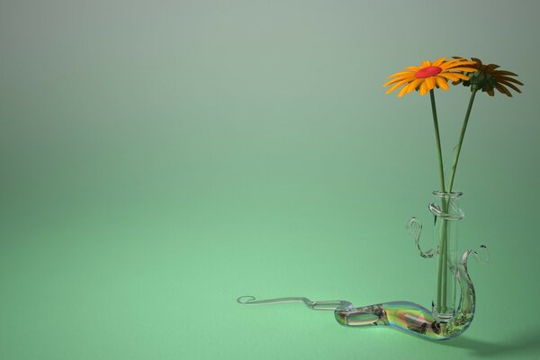 Vase with flowers on a green background