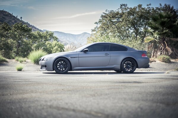 Bmw coupe in profile on the background of the road