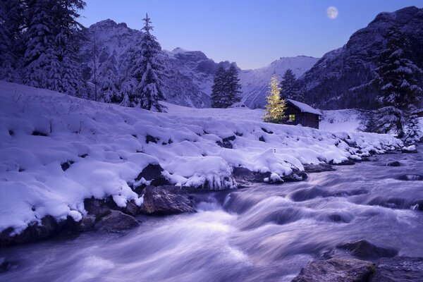 Winter landscape. The river was covered with snow