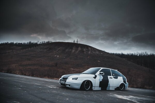 Black and white vaz coupe on the road