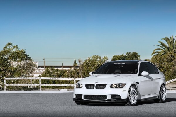 Blanco bmw M3 e90 en el fondo de los árboles