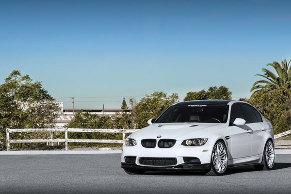 Blanc bmw M3 e90 sur fond d arbres