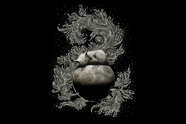 El gato duerme en la Luna en el fondo de la ornamentación