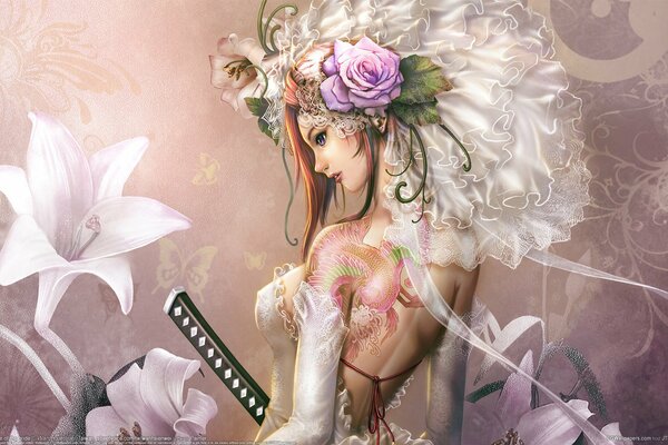 Sposa in abito con fiori sulla testa