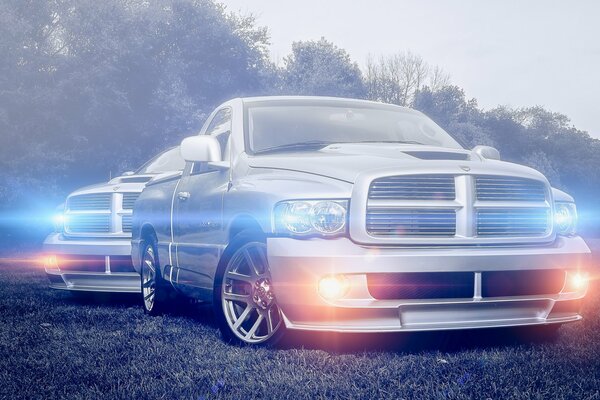 Silver doji outdoors with the headlights on