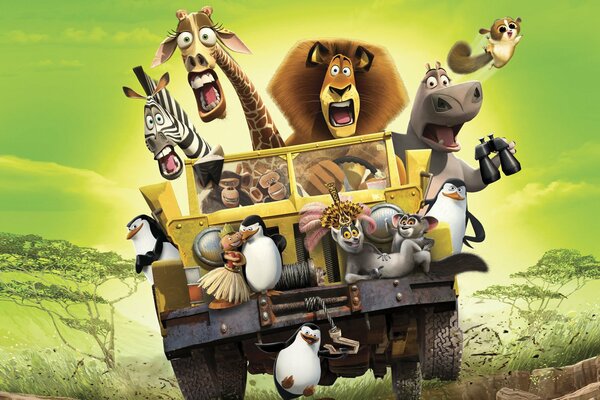 Animals drive by car on the savannah