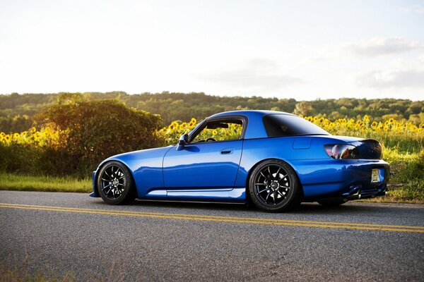 A blue Honda car is on the road