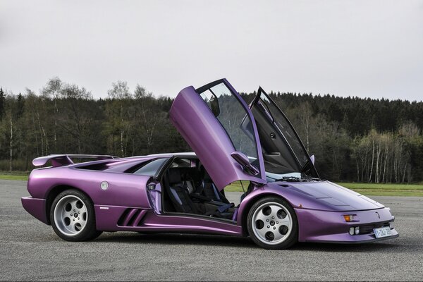 Lamborghini púrpura con puertas elevadas