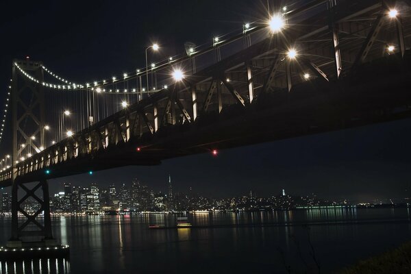 Bridge at night with a river from a high-rise