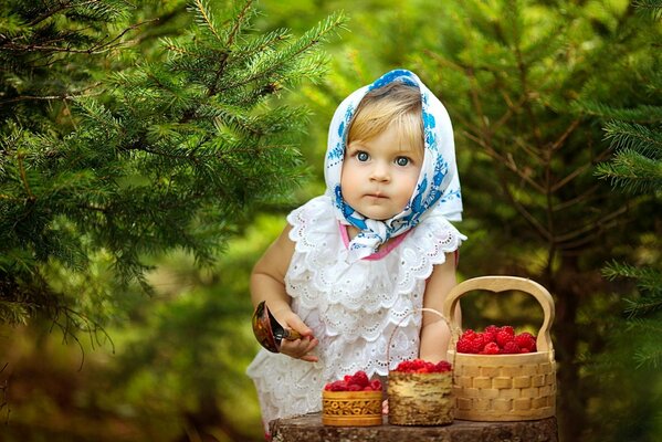 girl children basket berries forest view spoon child