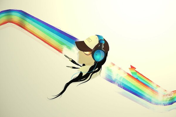 Maniquí con auriculares y gorra en medio de un arco iris