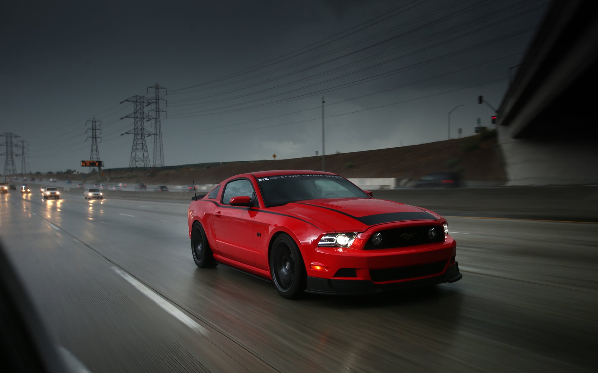 ford mustang rtr red rain sports car car road highway traffic speed