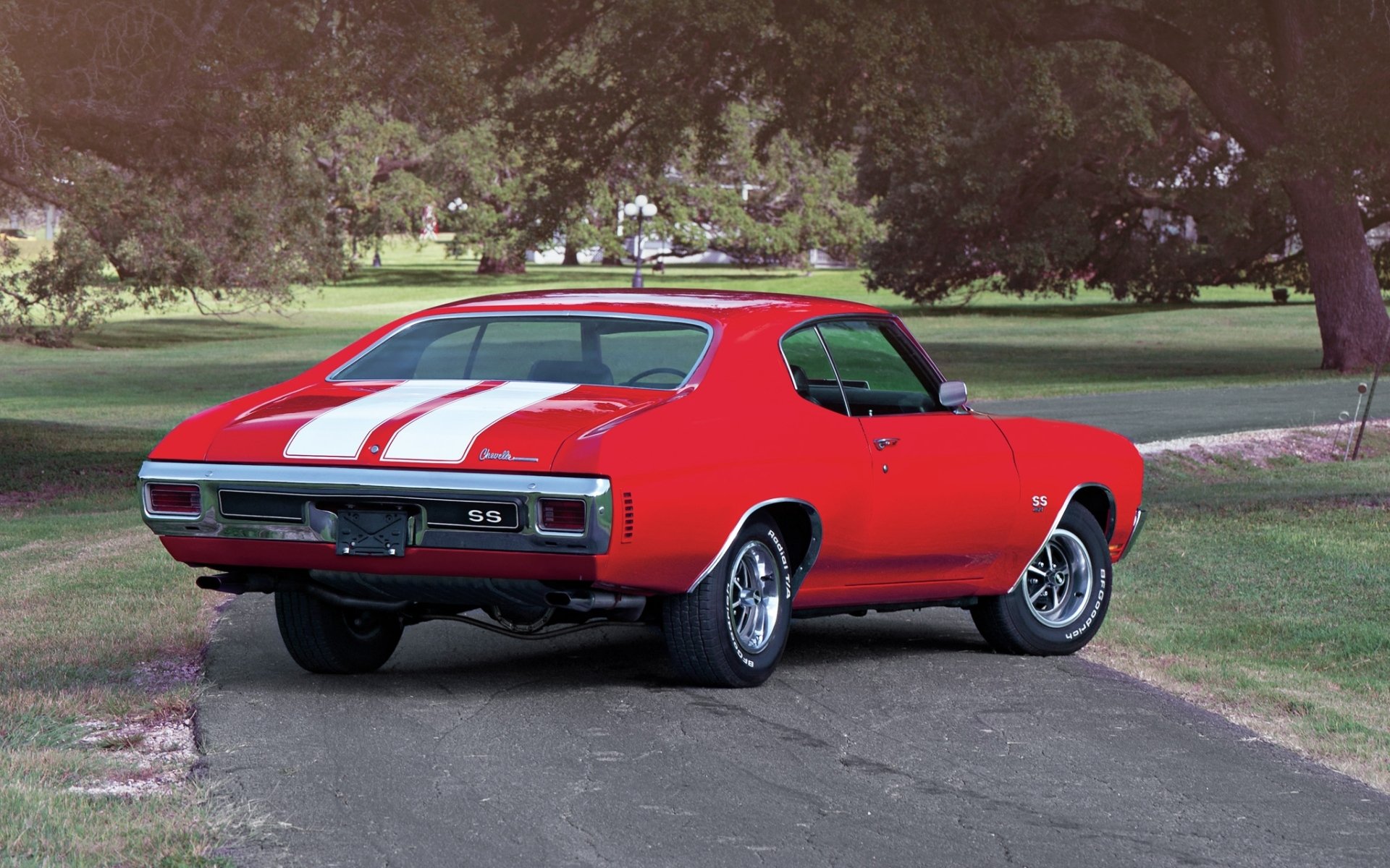 chevrolet chevelle ss ls6 hardtop coupe chevrolet cheville red rear view muscle car muscle car road tree