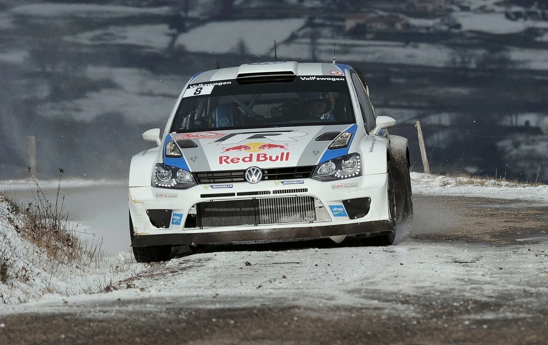 volkswagen polo rally snow wrc front red bull