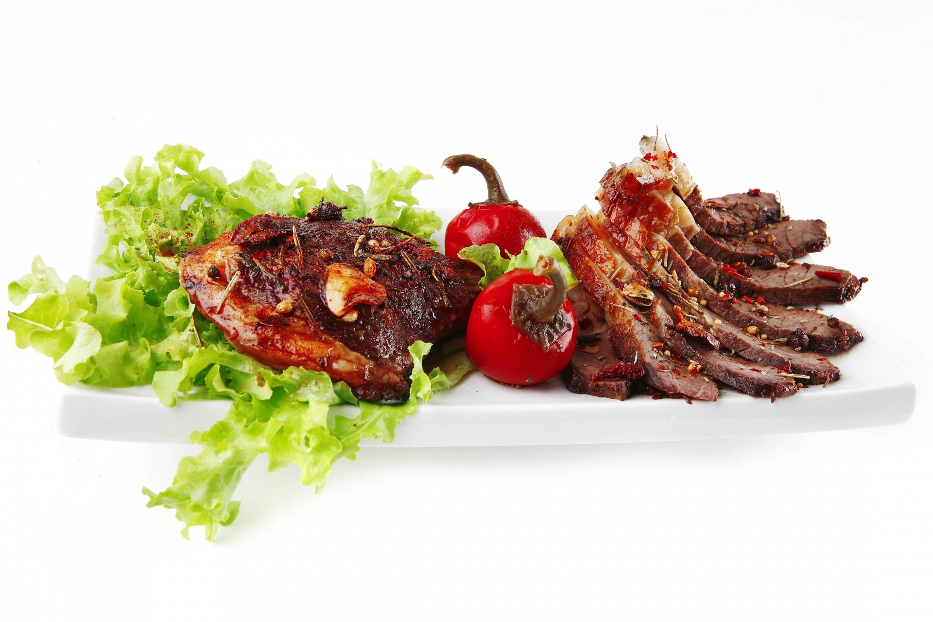 white background salad meat