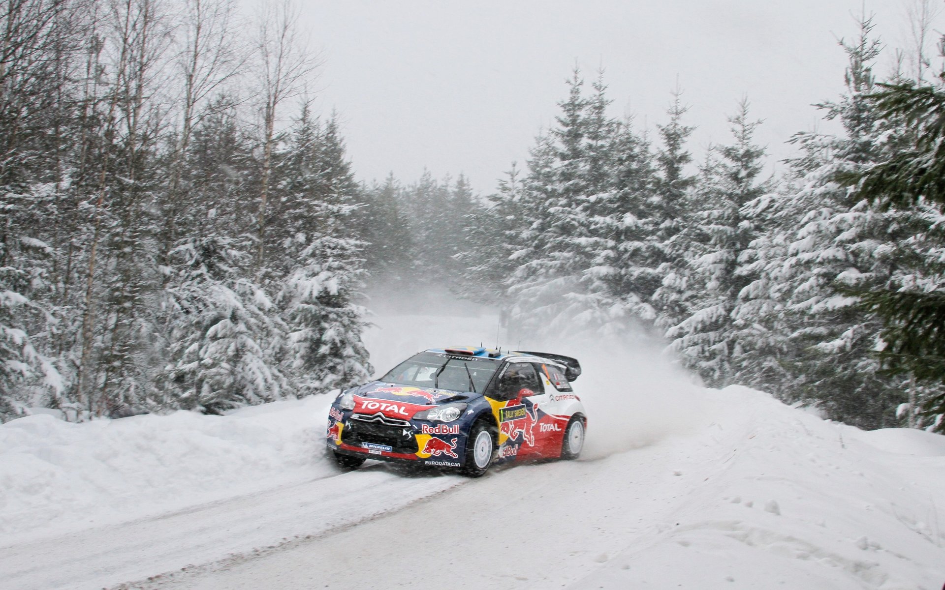 citroen ds3 rally s. loeb invierno pista nieve carrera desenfoque toro rojo árboles de navidad lleno