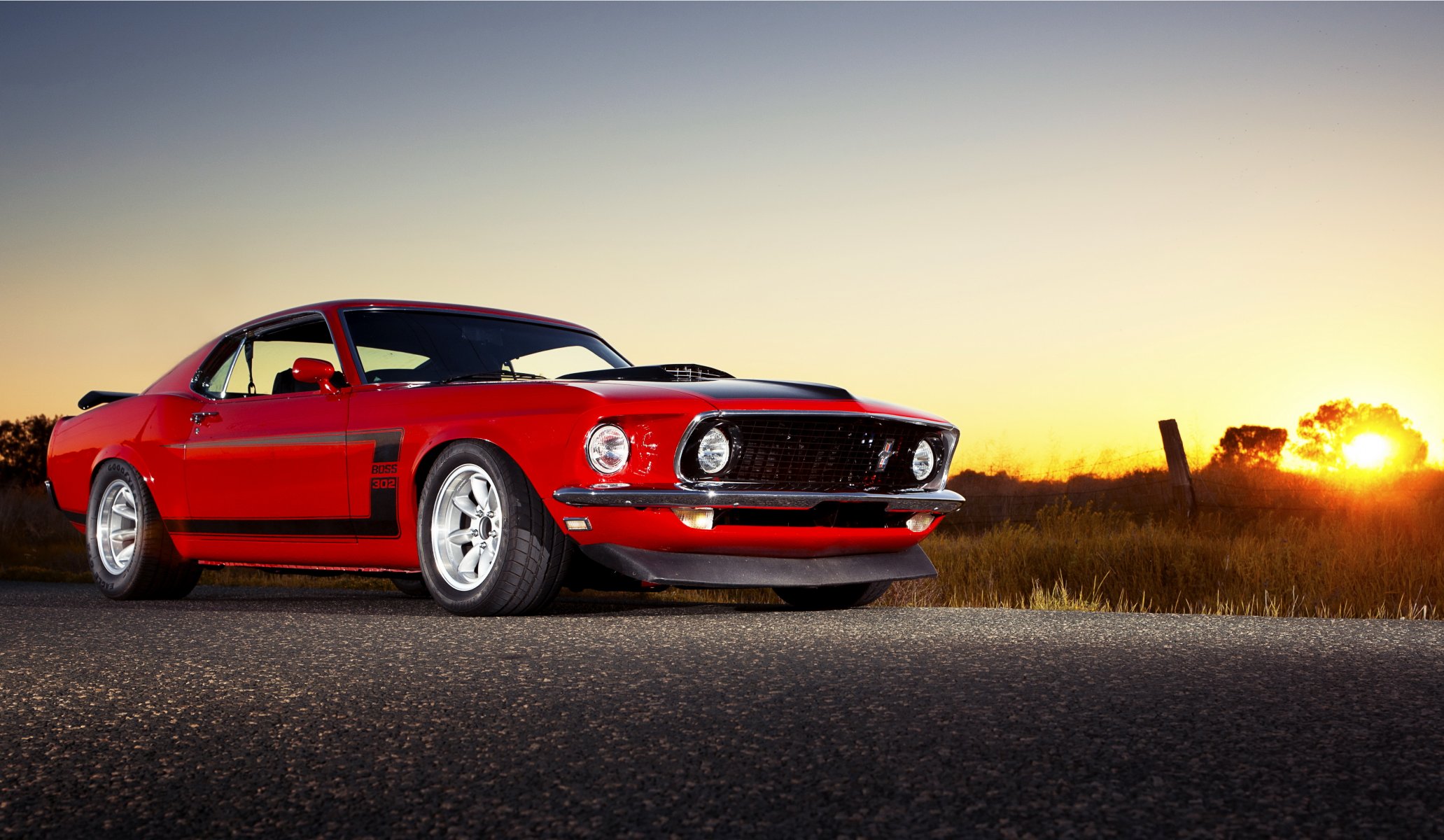 ford mustang boss 302 coche del músculo mustang puesta del sol