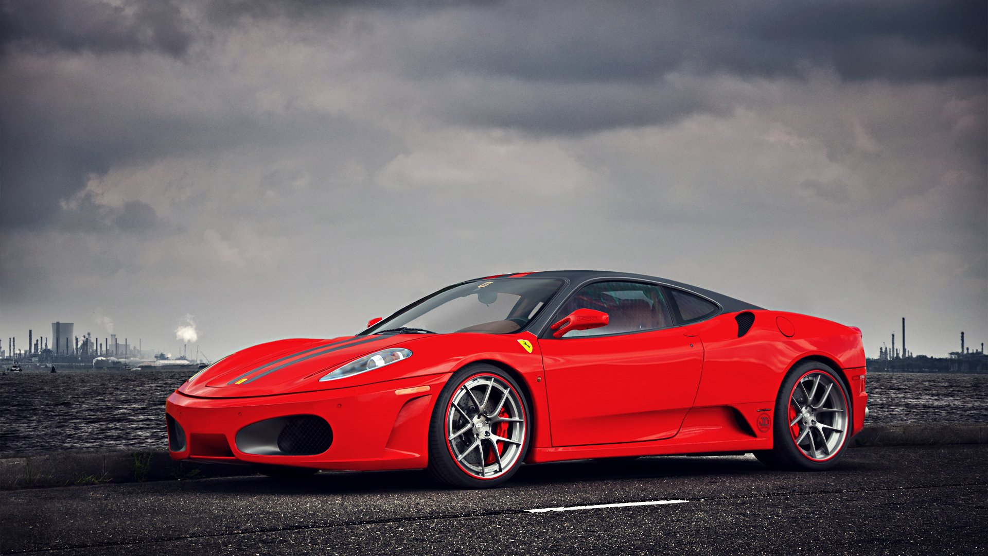 ferrari f430 superdeportivo rojo paisaje cielo nubes agua fábrica