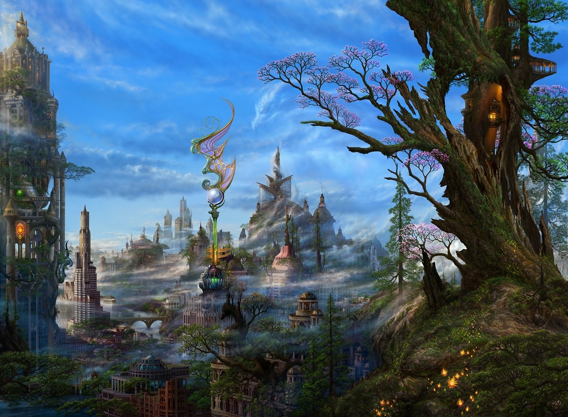 if kazama uchio art the city trees haze ucchiey fantasy