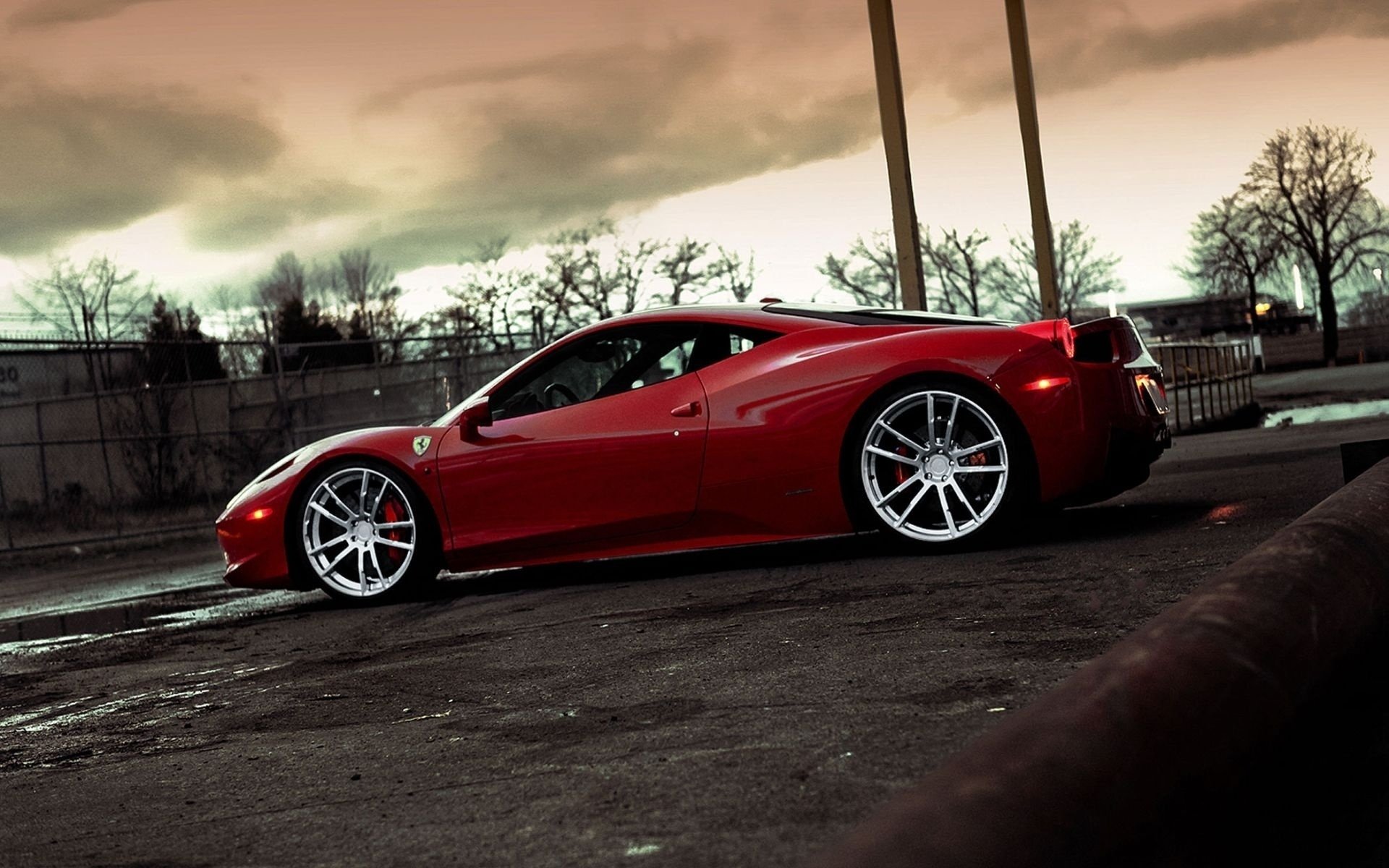 ferrari 458 italia red wheels sky ferrari italy profile wheels clouds trees fencing