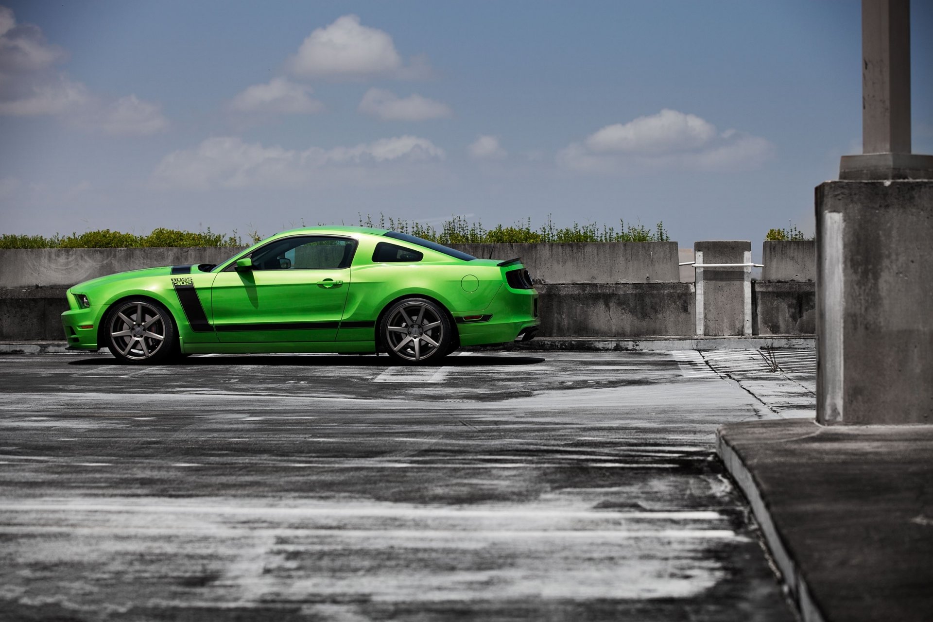 ford mustang boss 302 zielony mustang boss 302 limonkowy proofil czarny pasek niebo chmury ogrodzenie trawa