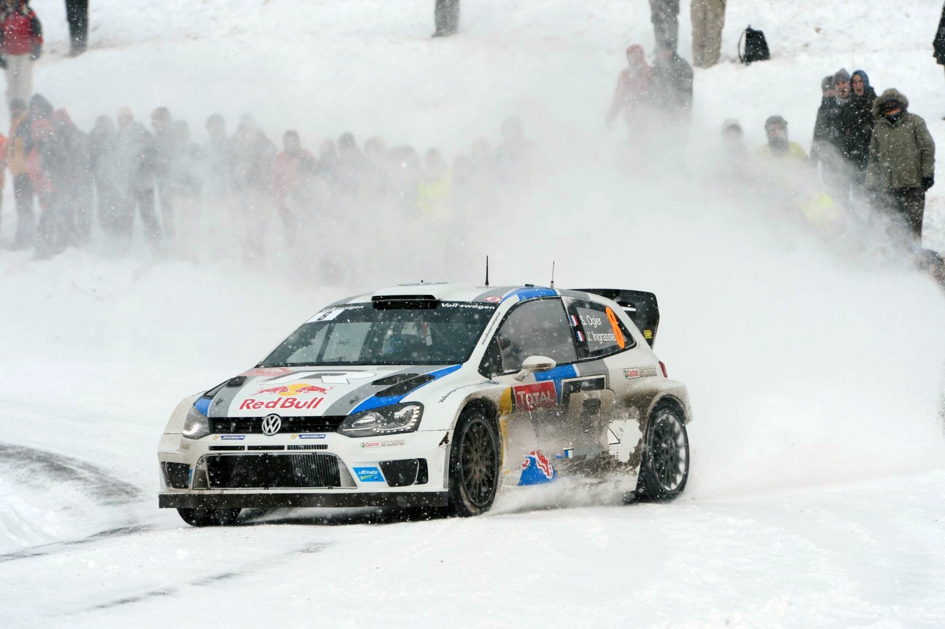 volkswagen polo wrc rally sport car rally snow winter snowfall white auto red bull sebastian ogier julien ingrassia