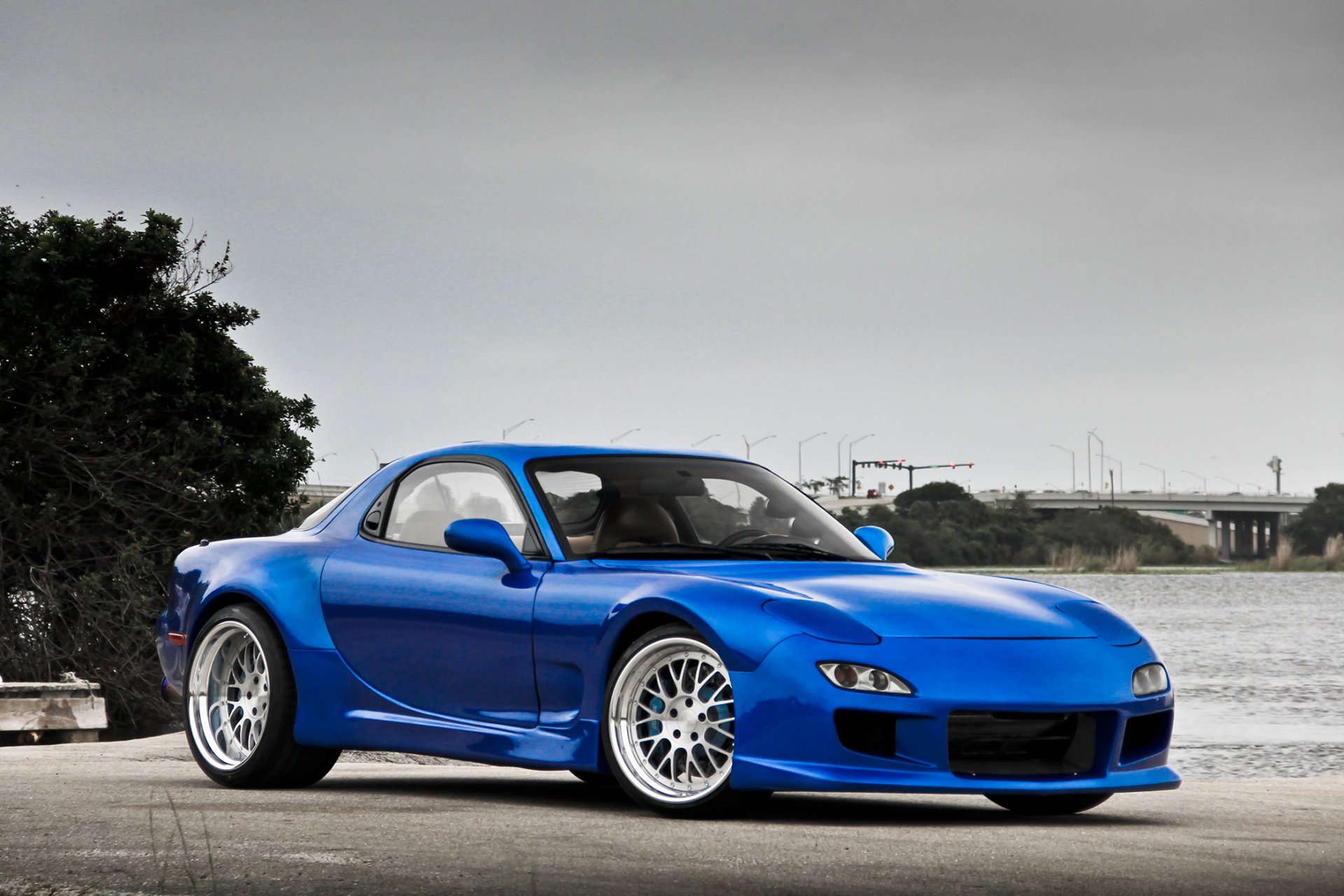 mazda rx-7 синий тюнинг вода дерево мазда