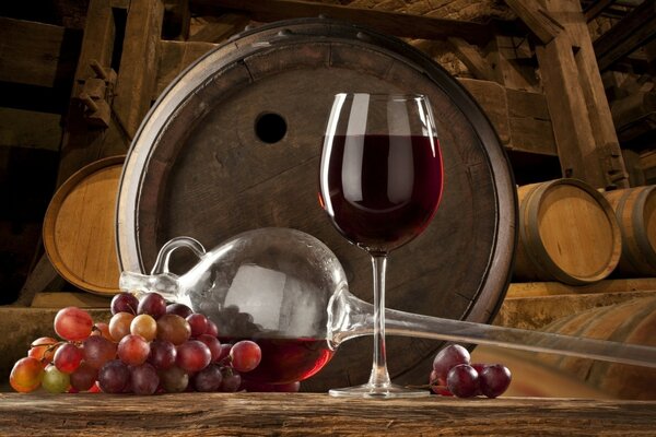 Wine cellar. A glass of red wine