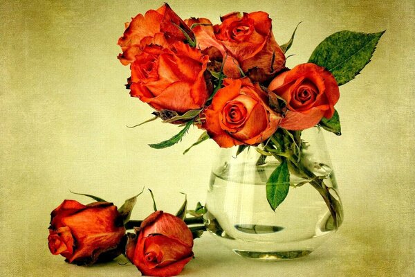 Blumenstrauß von verwelkten Rosen in einer Glasvase