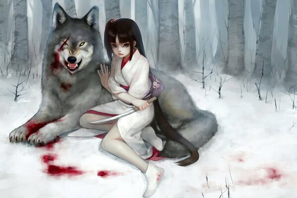 Ragazza e lupo ferito sulla neve