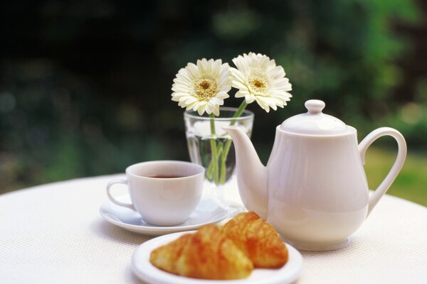 Weißer Tee mit Croissants