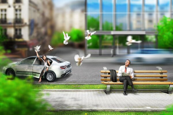 Image de la rue, les hommes sur le banc et les filles sortant de la voiture et les pigeons volants