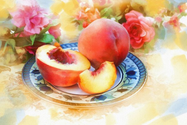 Art painting Peaches with flowers