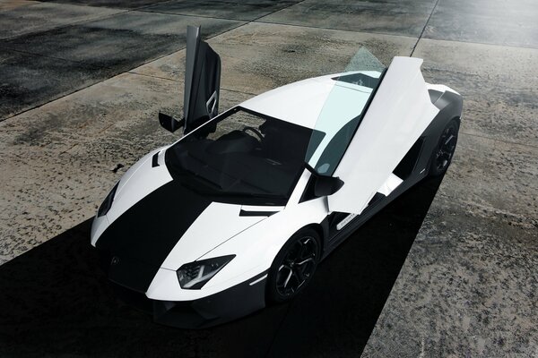 Imagen del lamborghini aventador en blanco y negro con las puertas abiertas