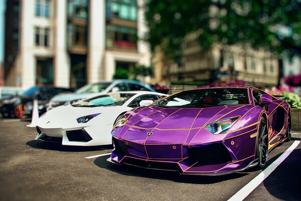 El Lamborghini aventador púrpura junto al blanco