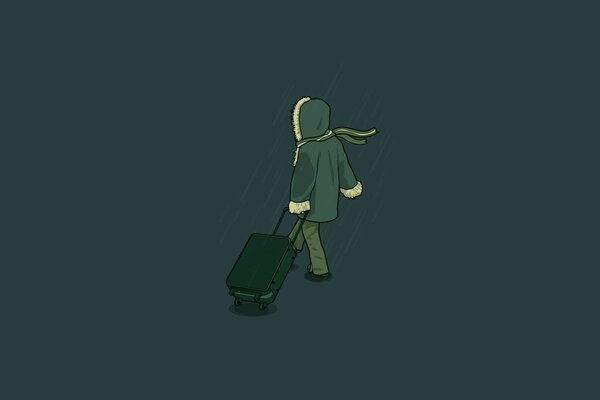 A picture of a walking man in a coat with a suitcase