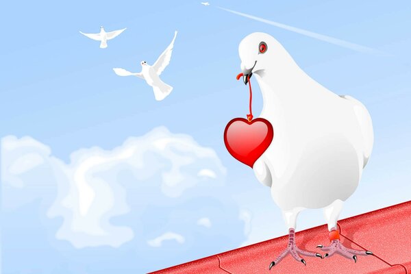 Drawing of a white pigeon with a heart in its beak