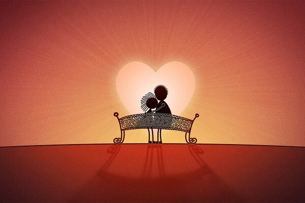 A couple in love is sitting on a bench. Sunset in the shape of a heart