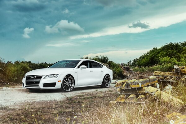 Automobile di Audi A7 nel colore bianco nel paesaggio di campagna