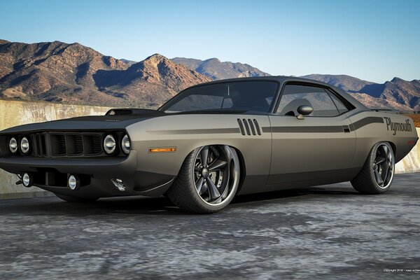 Voiture Barracuda dans les montagnes vue latérale