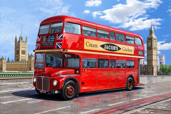 London double-decker bus in red on the background of Big Ben