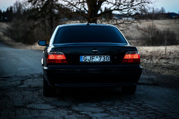 Bmw 740 at a lonely standing tree autumn landscape