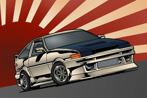 Рисунок toyota corolla ae86 на фоне флага