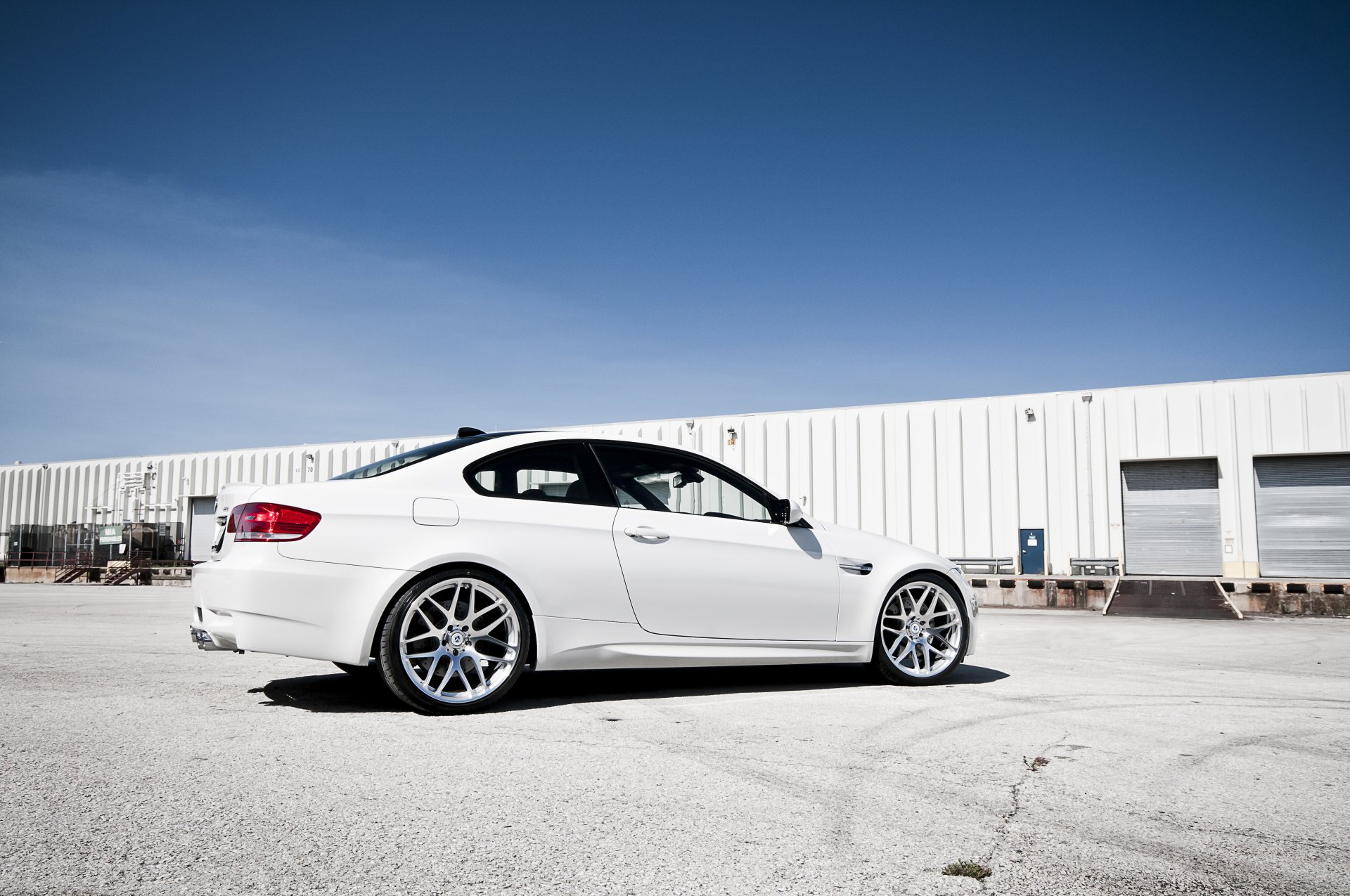 bmw m3 e92 white bmw white rear warehouse sky