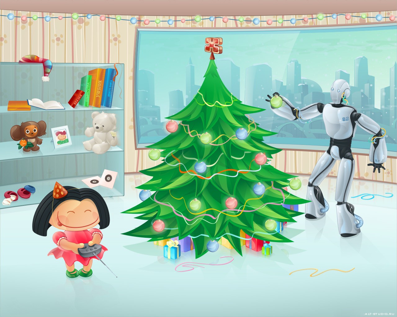 zeichnung roboter weihnachtsbaum neujahr mädchen